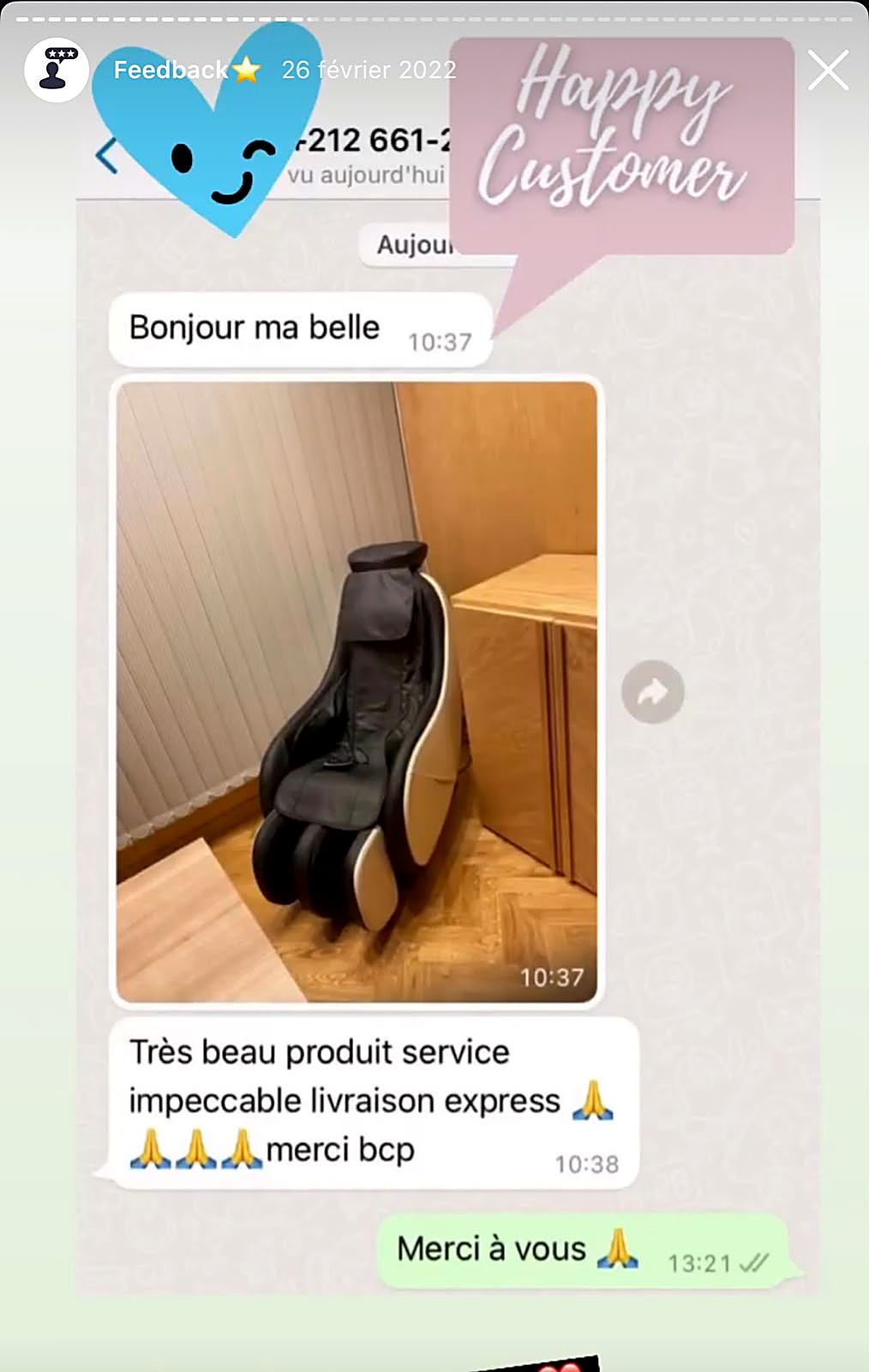 Retour client WhatsApp — livraison express ConfyCare