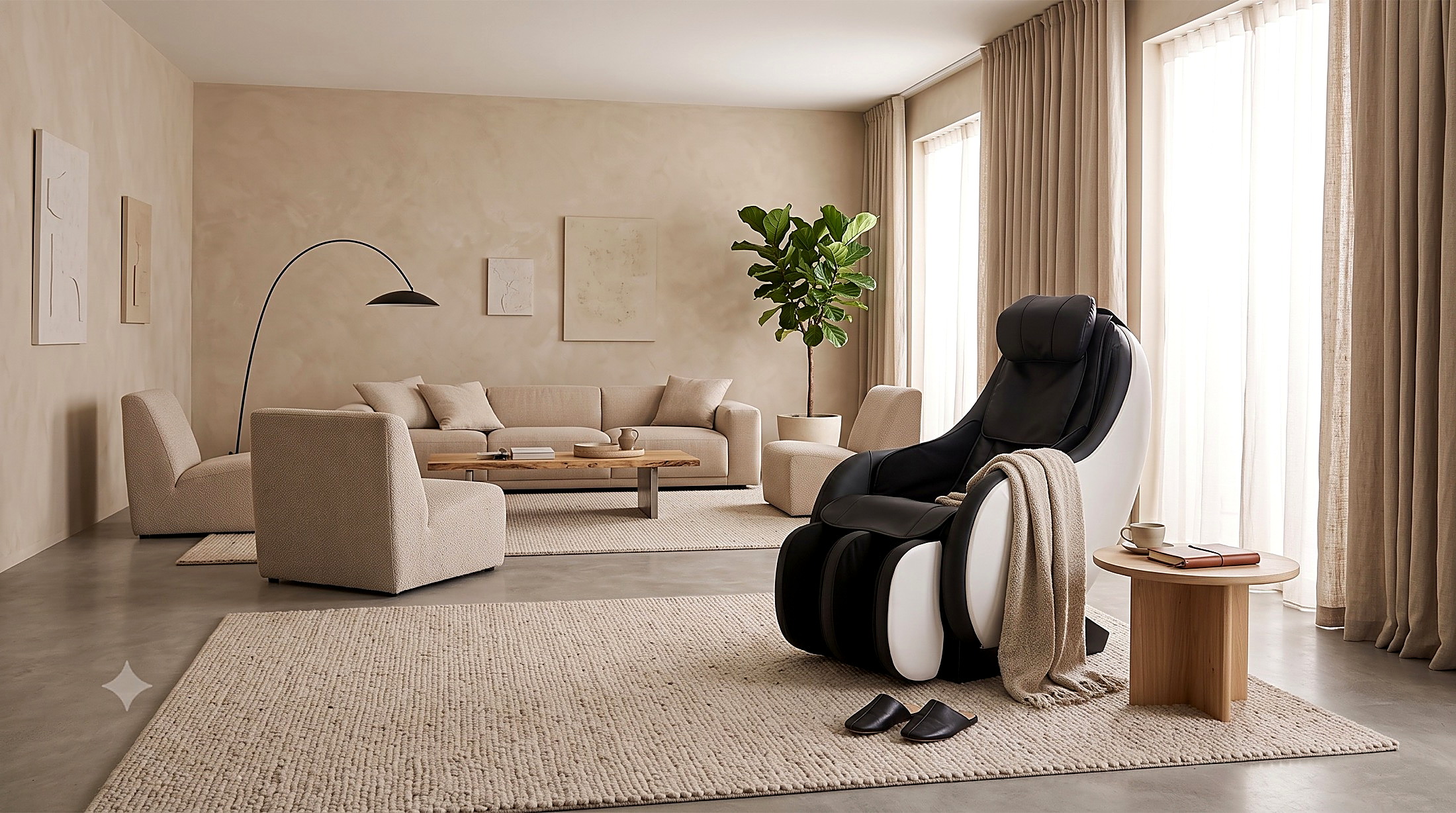 Fauteuil massant Skyliner A100 installé dans un salon lumineux et épuré